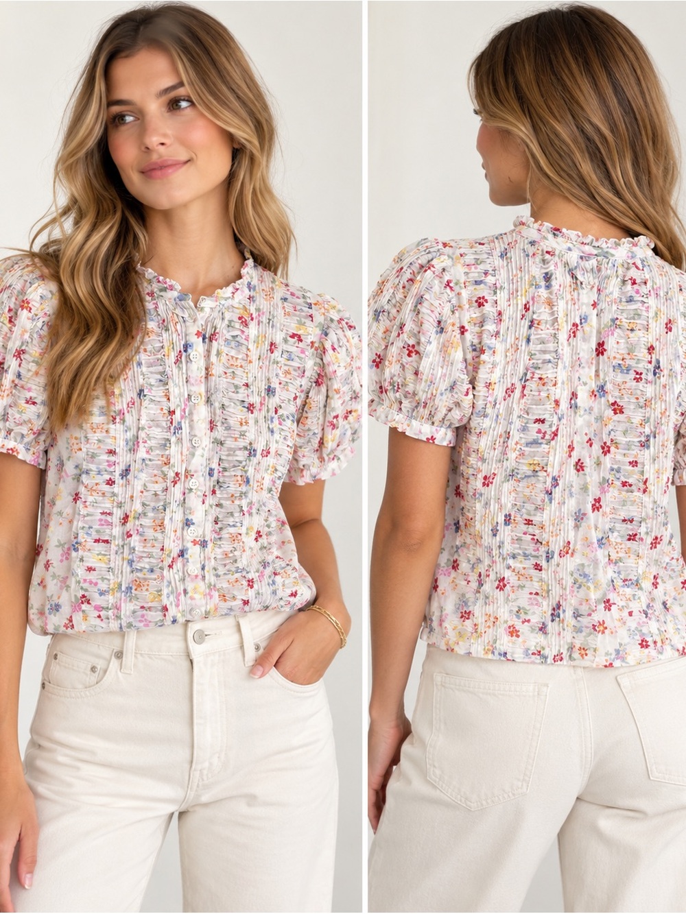 DÔEN Floral Organic Cotton Pintuck Ruffle Puff Sleeve Blouse XS/S